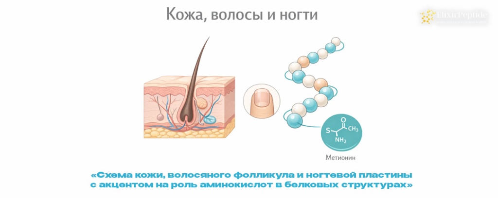 Схема кожи волосяного фолликула и ногтевой пластины с акцентом на роль аминокислот в белковых структурах .jpg Схема кожи волосяного фолликула и ногтевой пластины с акцентом на роль аминокислот в белковых структурах .jpg