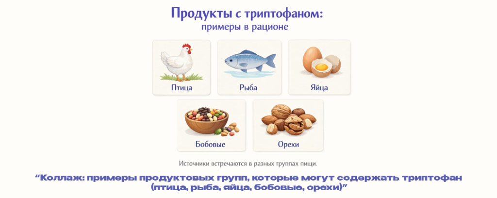 Коллаж- примеры продуктовых групп которые могут содержать триптофан (птица рыба яйца бобовые орехи).png Коллаж- примеры продуктовых групп которые могут содержать триптофан (птица рыба яйца бобовые орехи).png