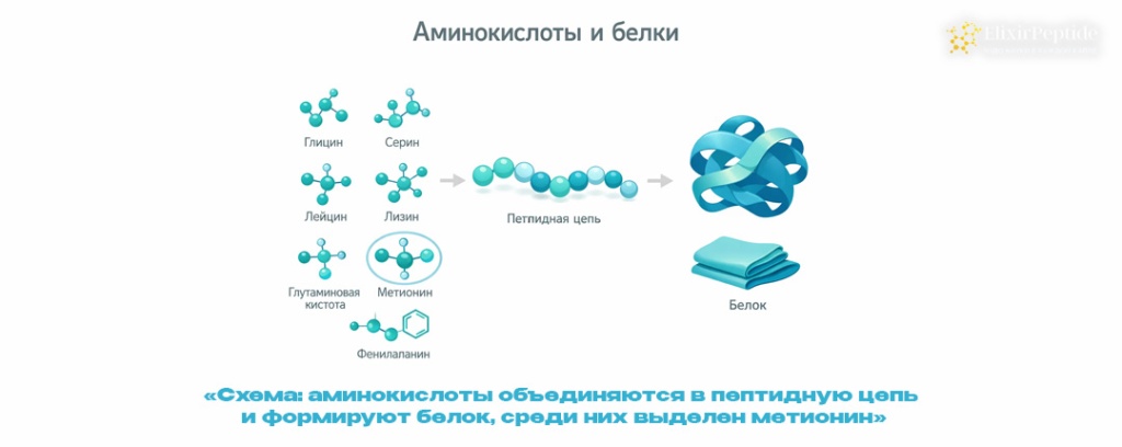 Схема- аминокислоты объединяются в пептидную цепь и формируют белок среди них выделен метионин .jpg Схема- аминокислоты объединяются в пептидную цепь и формируют белок среди них выделен метионин .jpg