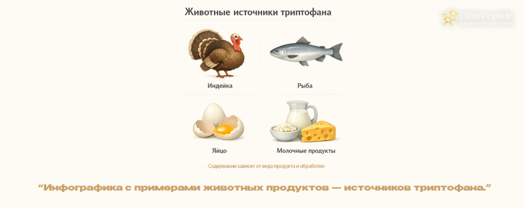 Инфографика с примерами животных продуктов источников триптофана.png Инфографика с примерами животных продуктов источников триптофана.png