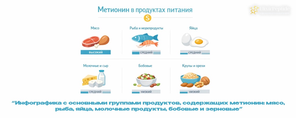 Инфографика с основными группами продуктов содержащих метионин- мясо рыба яйца молочные продукты бобовые и зерновые.jpg Инфографика с основными группами продуктов содержащих метионин- мясо рыба яйца молочные продукты бобовые и зерновые.jpg