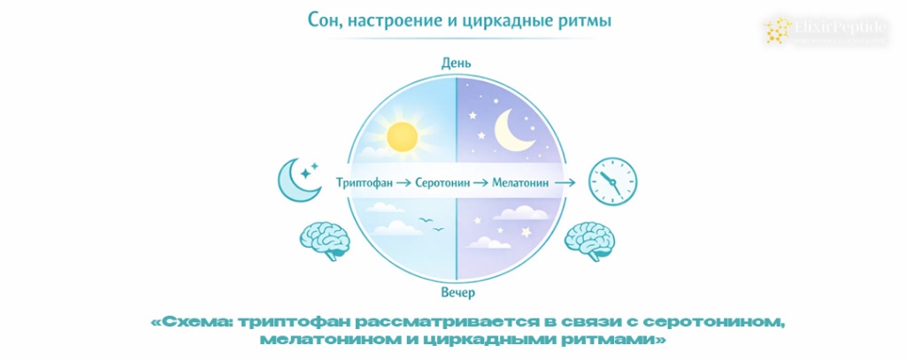 Схема- триптофан рассматривается в связи с серотонином мелатонином и циркадными ритмами .jpg Схема- триптофан рассматривается в связи с серотонином мелатонином и циркадными ритмами .jpg